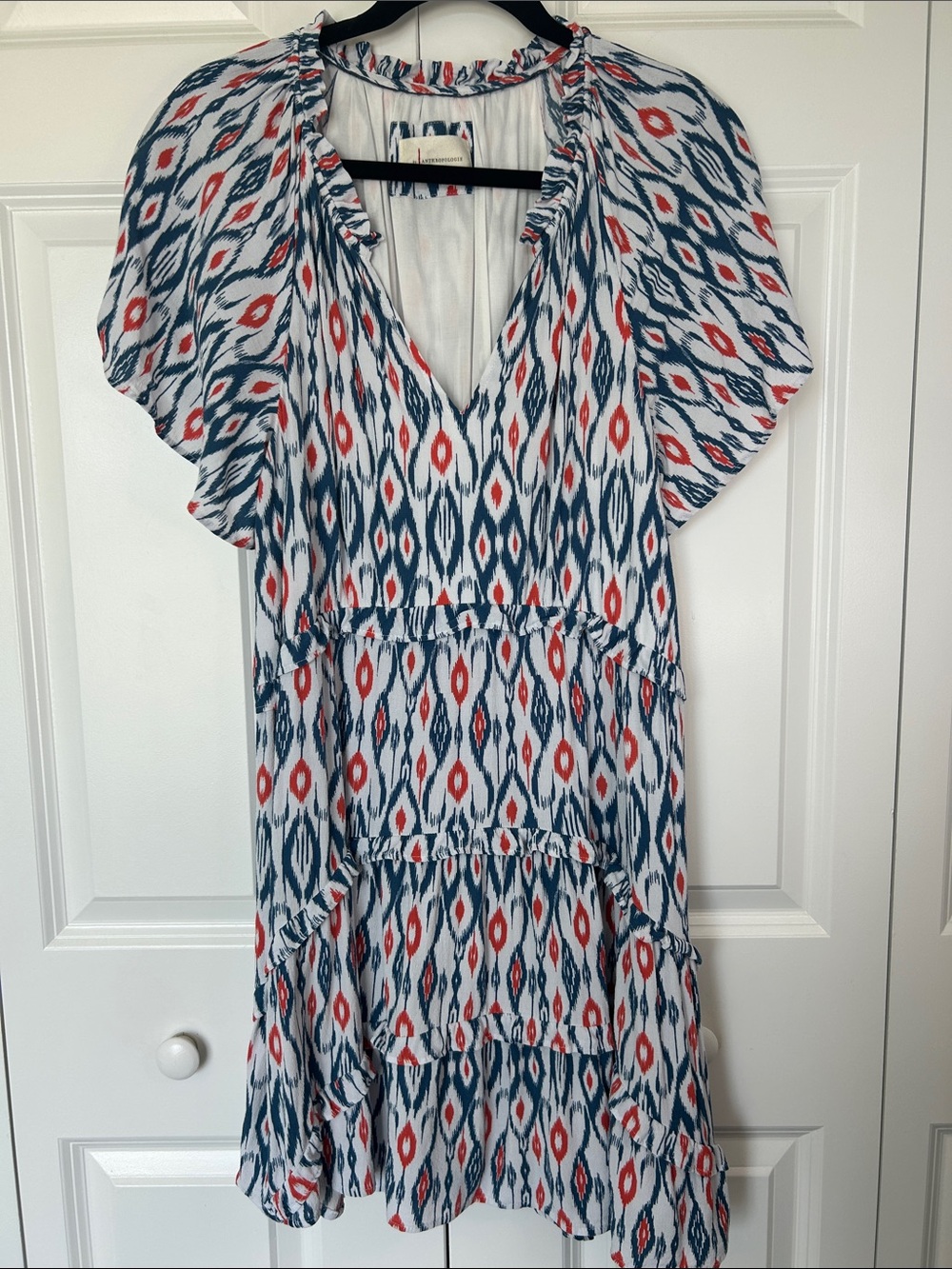Anthropologie White Midi Dress with Blue & Red Ikat Print